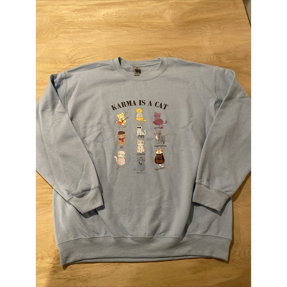 Karma is‎ a Cat Sweatshirt Size Large Taylor Swift Eras Blue Gildan